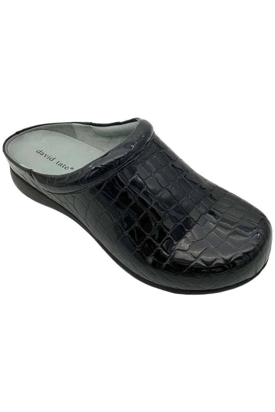 David Tate Women's Catalina Clog Croc Patent Black - Extra Wide
